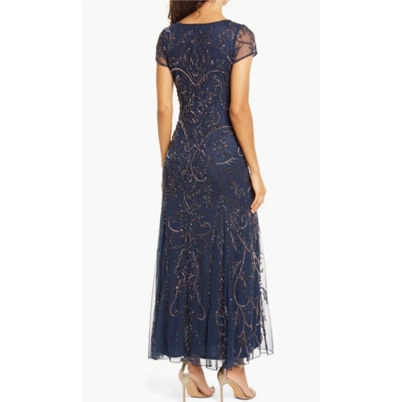 NWT Pisarro Nights Beaded Mesh Midi Cocktail Dress in Navy - Picture 3 of 16